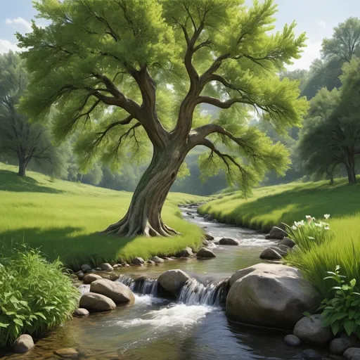 Prompt: Generate an image of a thriving tree growing next to a vibrant stream. The scene should convey a sense of tranquility and abundance. The tree should be lush with green leaves, symbolizing health and vitality, while the stream should be clear and flowing, reflecting sunlight and creating a peaceful atmosphere. The composition should emphasize the harmony between the tree and its surroundings, capturing the essence of growth and renewal in nature." hyper realistic



