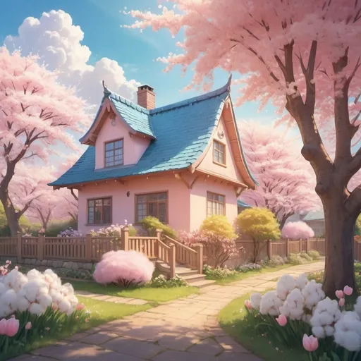 Prompt: A delightful anime-style house nestled in a vibrant spring garden, full of life and color. The house features a quaint, storybook design with a thatched roof and pastel-hued walls, surrounded by a riot of blooming cherry blossoms, tulips, and daffodils. The sky above is a brilliant, clear blue, dotted with a few fluffy, cotton-candy clouds. Soft, golden sunlight filters through the branches, creating a warm, inviting glow over the scene. A gentle breeze stirs the petals, adding a touch of movement and magic to the atmosphere. The image is cinematic, ultra HD, with sharp focus and highly detailed textures, capturing the essence of renewal and beauty that defines April.