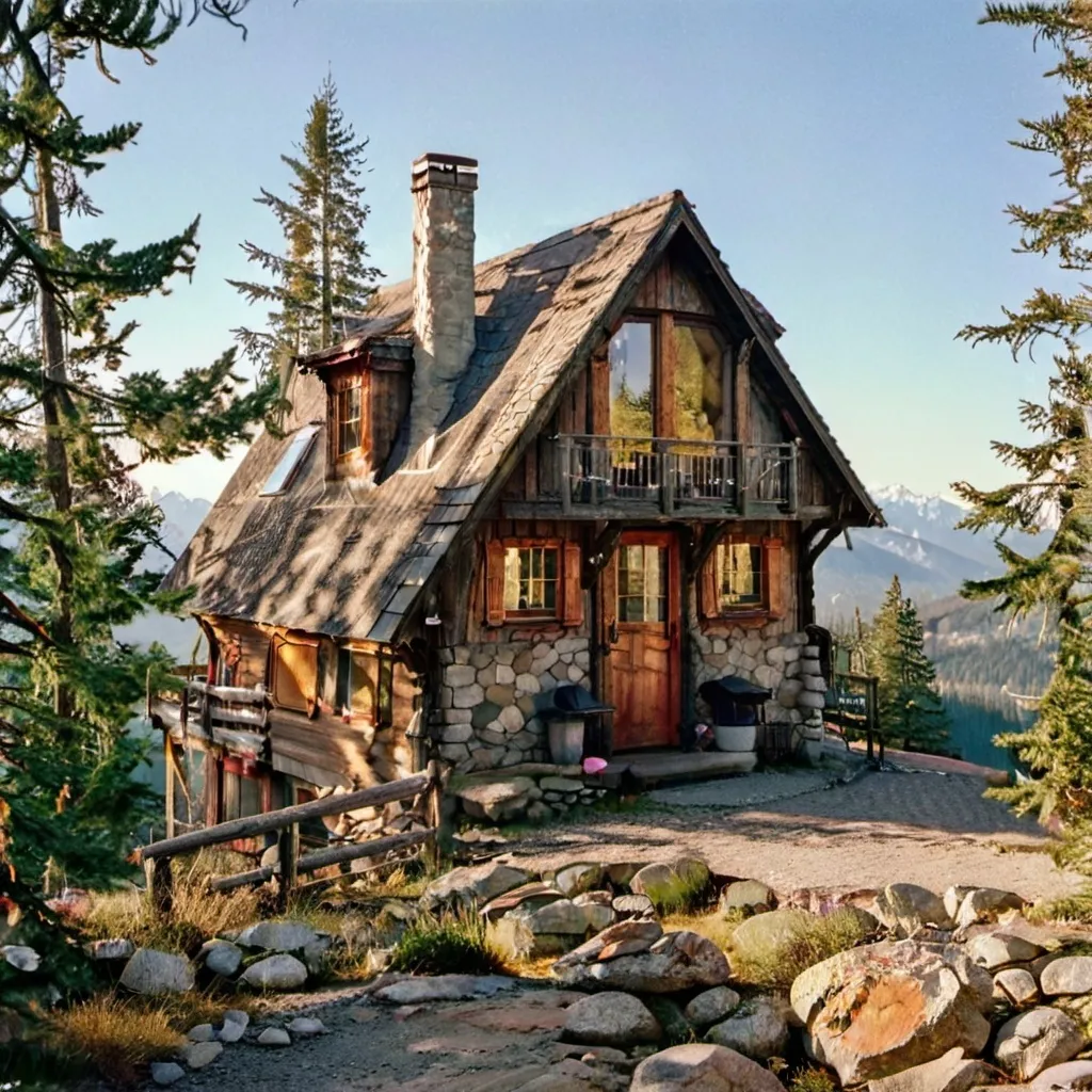 Prompt: A charming A-frame mountain cabin perched on a rocky hillside, overlooking a vast valley filled with evergreen forests. The cabin has large windows and a wooden deck, offering panoramic views of the surrounding mountains. The setting sun casts a golden hue over the landscape, creating a tranquil and inviting atmosphere.