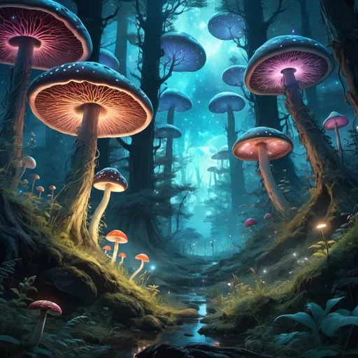 Prompt: Viral anime nature wallpaper in 4K quality, in the style of digital illustration inspired by Yoshitaka Amano, showing a mystical forest with giant mushrooms, bioluminescent plants, and ethereal creatures wandering around; cool and mystical color temperature, cosmos lighting with stars twinkling in the sky, no human characters, the atmosphere is otherworldly and enchanting