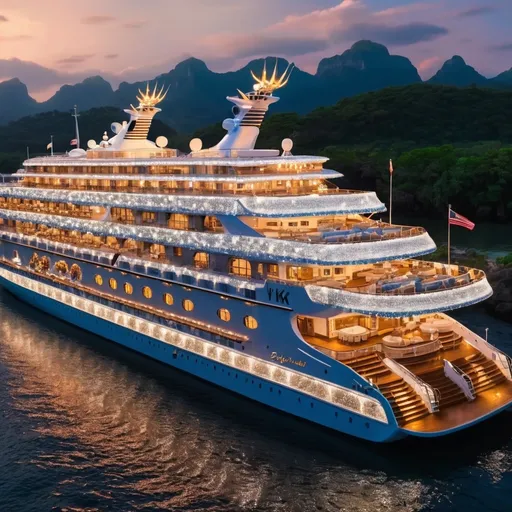 Prompt: A luxury cruise ship made of diamonds is parked on the footpath of Bilinapathianduka. It is a luxurious place with luxurious rooms. The ship is sparkling with lights. Birds fly from the ranch to see how people are happy as the ship moves. 4k quality image 