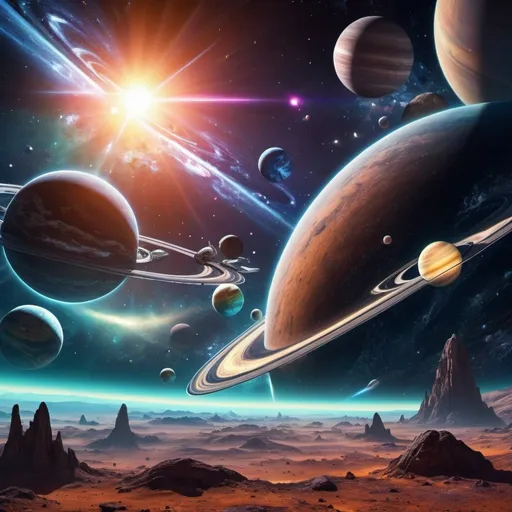 Prompt: Galactic scene with planets and galaxies, spaceships, aliens, satellites, beautiful plane, highres, detailed, space opera, sci-fi, vibrant colors, atmospheric lighting, futuristic technology, majestic galaxies, advanced spacecraft, diverse alien beings, cosmic beauty, surreal atmosphere