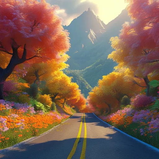 Prompt: a breathtaking 3D render of a serpentine road, flanked by lush, vibrant trees with intricate textures and colorful flowers of varying species, their petals gently swaying in the breeze, as the road disappears into the distance, culminating in a majestic mountain range with rugged peaks, surrounded by puffy, white clouds with soft, feathery textures, bathed in a warm, three-dimensional light, evoking a sense of excitement and wonder, with a ring light illuminating the scene, and a vibrant, exaggerated color palette reminiscent of Pixar, crafted using advanced rendering engines such as Unreal, Octane, and Vray, with meticulous attention to detail and an emphasis on dramatic, cinematic flair.