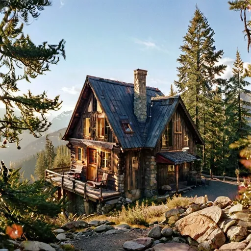 Prompt: A charming A-frame mountain cabin perched on a rocky hillside, overlooking a vast valley filled with evergreen forests. The cabin has large windows and a wooden deck, offering panoramic views of the surrounding mountains. The setting sun casts a golden hue over the landscape, creating a tranquil and inviting atmosphere.