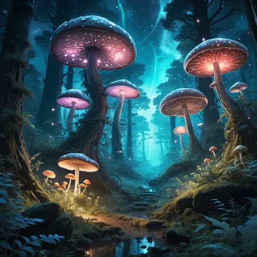 Prompt: Viral anime nature wallpaper in 4K quality, in the style of digital illustration inspired by Yoshitaka Amano, showing a mystical forest with giant mushrooms, bioluminescent plants, and ethereal creatures wandering around; cool and mystical color temperature, cosmos lighting with stars twinkling in the sky, no human characters, the atmosphere is otherworldly and enchanting