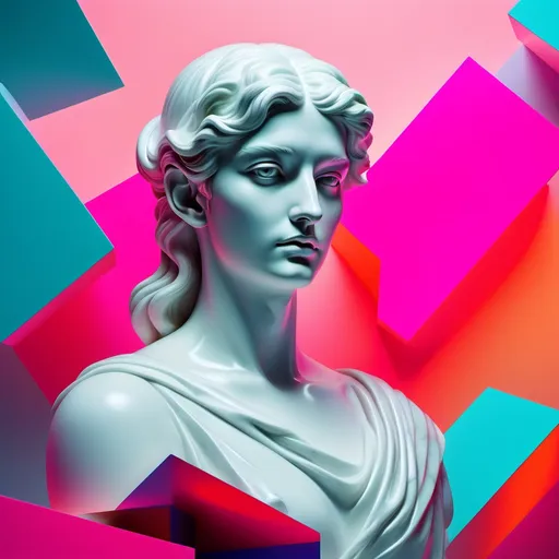 Prompt: Abstract illustration A Hyper-realistic photographic image of a neo-classical white marble mythological sculpture with a mix of neon colored background, generate contemporary modren style with abstract shapes cubes and squares fragmented and distorted objects and neon realism colors


neon realism style, layered, soft rounded forms, subtle gradients, bold patterns