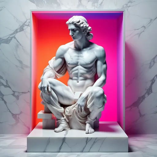 Prompt: Abstract illustration A Hyper-realistic photographic image of a neo-classical white marble mythological sculpture with a mix of neon colored background, generate contemporary modren style with abstract shapes cubes and squares fragmented and distorted objects and neon realism colors


neon realism style, layered, soft rounded forms, subtle gradients, bold patterns