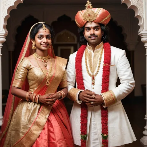 Prompt: Create a realistic image of 17th century princess and prince from Kerala, during their wedding.