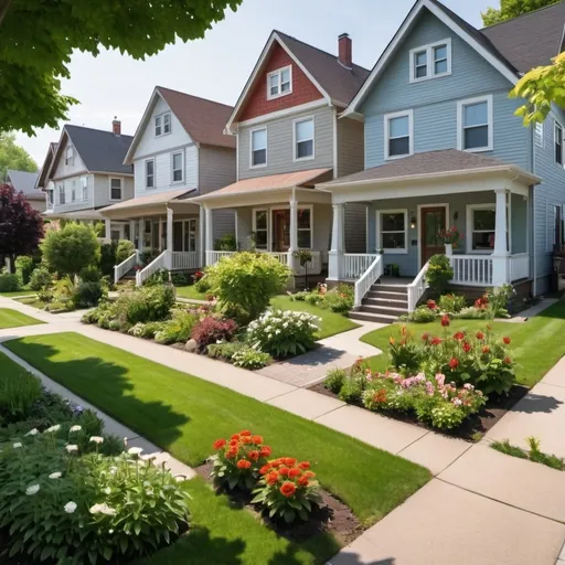 Prompt: front of a house with a big front lawn a neighborhood with plants, flowers, and trees around the houses. 