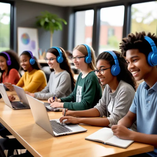 Prompt: Create a realistic and vibrant image of students engaged in an online learning session. The setting should depict a modern home or study environment with students of diverse backgrounds sitting at desks or tables, using laptops, tablets, or desktop computers. The students should display focused expressions, interacting with their screens, taking notes, or wearing headphones with built-in microphones. The room should be well-lit, with a cozy and organized atmosphere featuring books, notebooks, and educational materials. Some students may have coffee mugs or water bottles nearby, and the background can include windows showing natural daylight or subtle home decor. The overall composition should convey a sense of concentration, engagement, and the modern digital learning experience."









