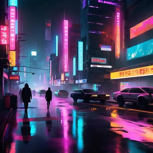 Prompt: Create a highly detailed cyberpunk-style neon cityscape at night. The scene should feature towering futuristic skyscrapers adorned with vibrant neon signs in colors like blue, pink, and purple. The streets should be wet, reflecting the glowing lights, with a dense urban atmosphere filled with people in futuristic attire, hovering vehicles, and holographic advertisements. The image should have a cinematic, high-contrast look with deep shadows and bright highlights, evoking a high-tech yet gritty aesthetic. Smoke, rain, or fog can add to the immersive ambiance, enhancing the neon glow and depth of the city.