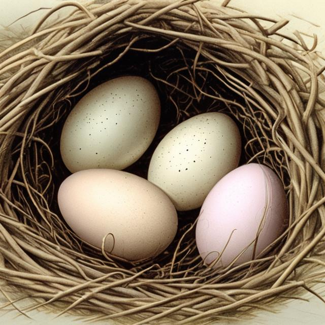 Prompt: Ideal drawing of Wrens nests enclosing pearl-like eggs