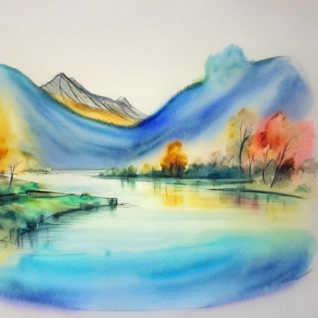 Prompt: Ideal drawing of landscape in water colours
