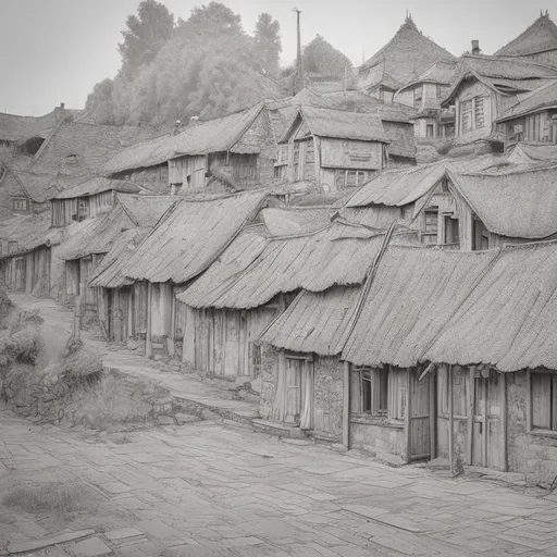 Prompt: Freely pencilled houses and trees 