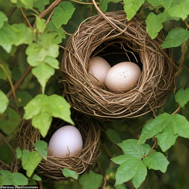 Prompt: Ideal drawing of Wrens nests enclosing pearl-like eggs wreathed out with young ivy sprays