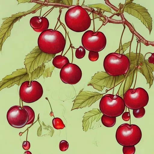 Prompt: Ideal drawing of birds picking at ripe cherries
