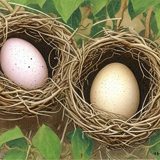 Prompt: Ideal drawing of Wrens nests enclosing pearl-like eggs