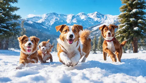 Prompt: (Jack Russell dog frolicking in the snow with some dog friends), Aspen, Colorado, animal photography, Anne Rigney, digital rendering, furry art, ultra-detailed fur textures, sparkling snow, high depth cinematic lighting, vibrant and cool tones, cheerful and lively atmosphere, snowy mountain background with pine trees, clear blue sky, HDR, 4K, highly realistic, finely detailed snowflakes, stunning, photorealistic.