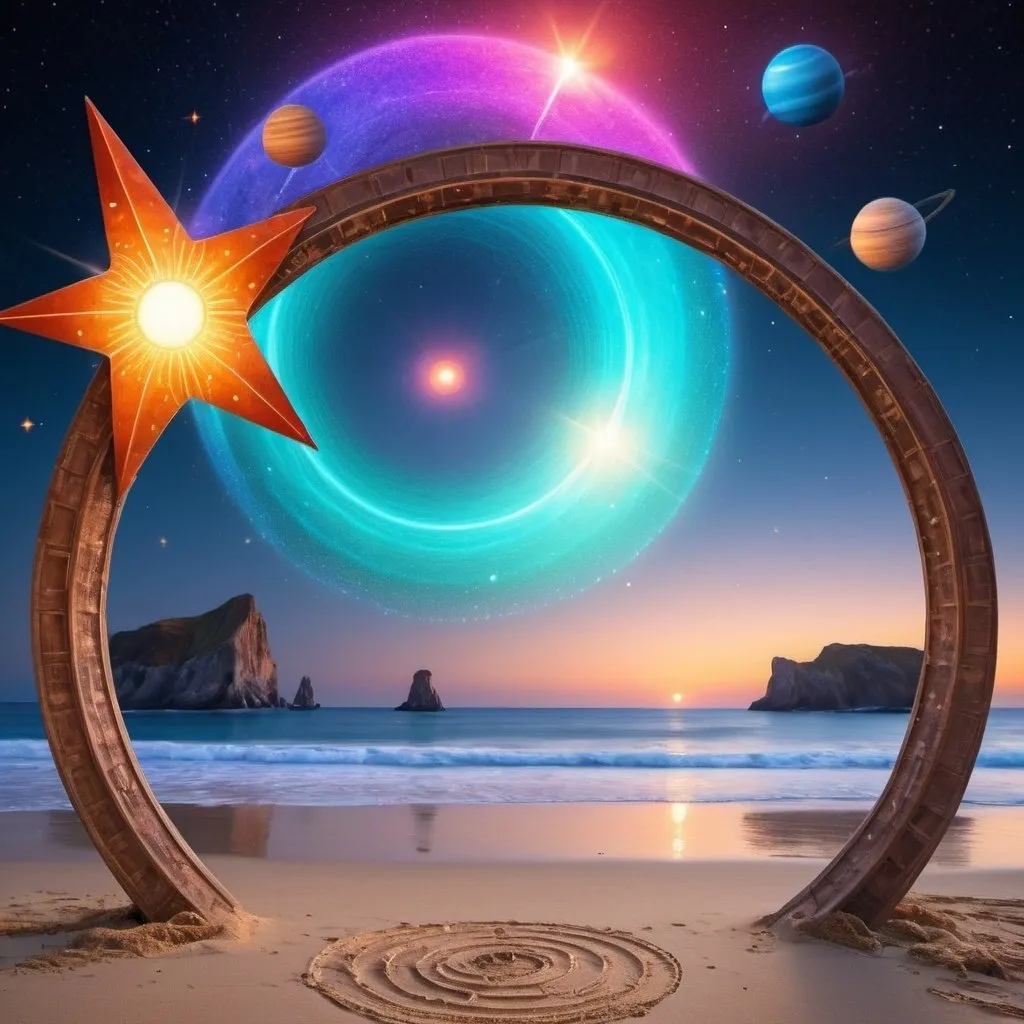 Prompt: beach setting with colorful star lit background with portals and planets