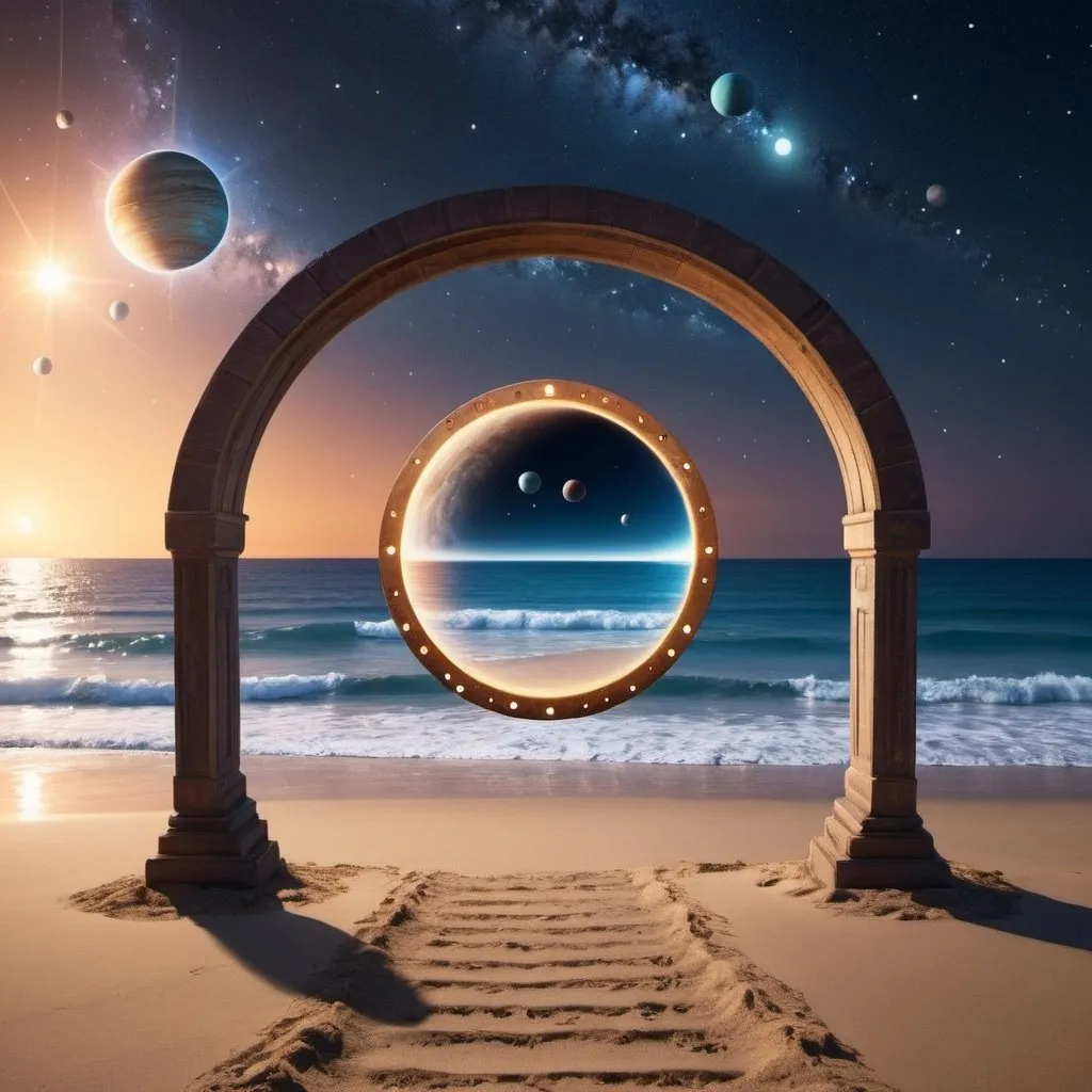 Prompt: beach setting with star lit background with portals and planets