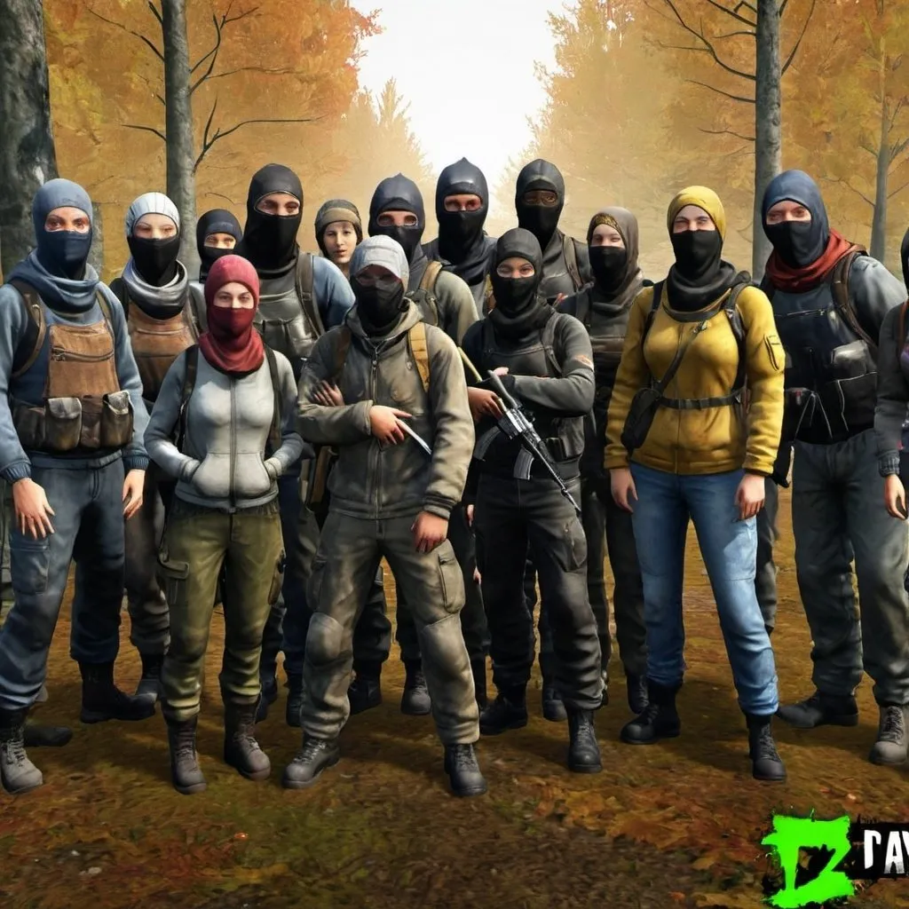 Prompt: Dayz group photo with men and women in full gear on LostPVE