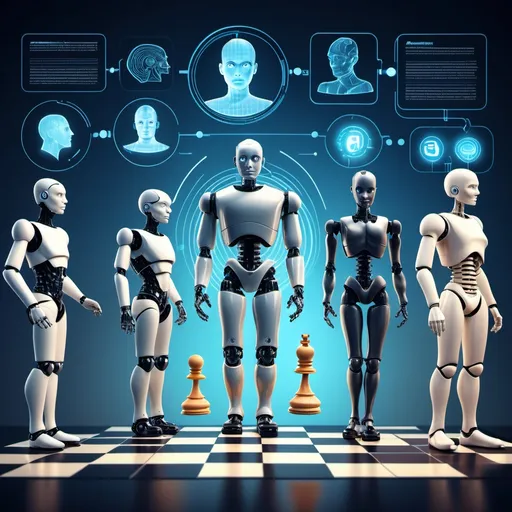 Prompt: A futuristic digital illustration showing the evolution of Artificial Intelligence, starting from simple rule-based systems to advanced superintelligent AI. The image should depict a timeline-like progression, featuring elements such as early chess-playing AI, neural networks, robotic assistants, autonomous AI agents, and a glowing humanoid AGI figure in the future. The background should have a high-tech, cybernetic feel with holographic data, circuit-like patterns, and glowing connections representing AI learning and evolving over time. The colors should be a mix of deep blues, purples, and neon highlights to give it a modern, sci-fi aesthetic.