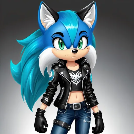 Prompt: Make a sonic oc that's a female wolf that has dark blue fur with silver streaks bright turquoise eyes . She wears a sleek, black leather jacket with silver accents, dark jeans, and fingerless gloves. She also has a pair of sturdy combat boots. She also wears a silver crescent moon pendant around her neck and a utility belt with various gadgets.
