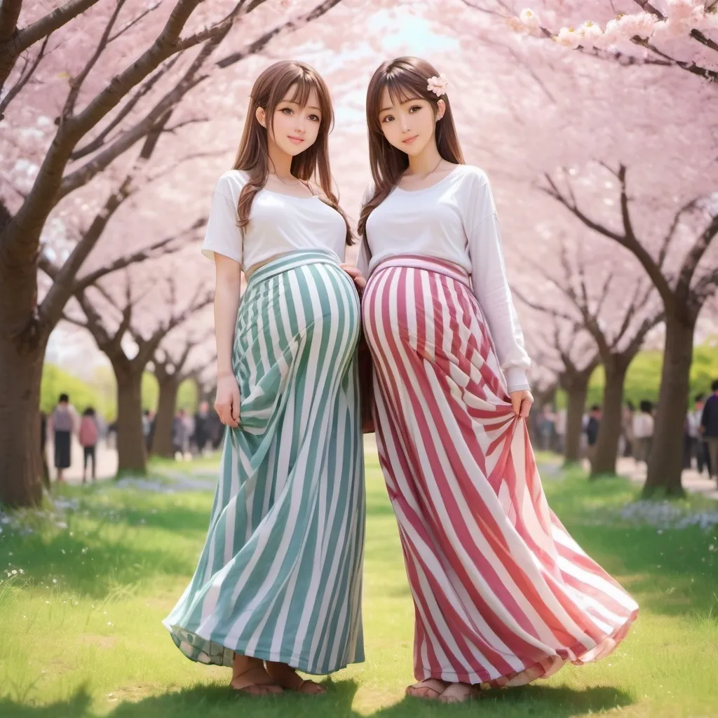 Prompt: Many pregnant anime girls wearing maxi long vertical striped skirts.