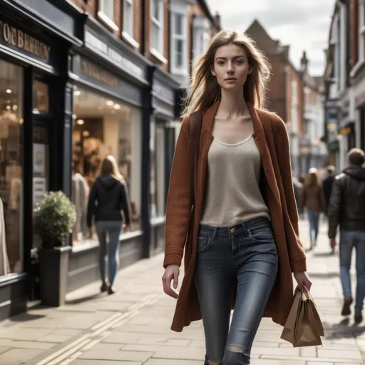 Prompt: Tall young woman walking down the high street, detailed clothing, realistic, natural lighting