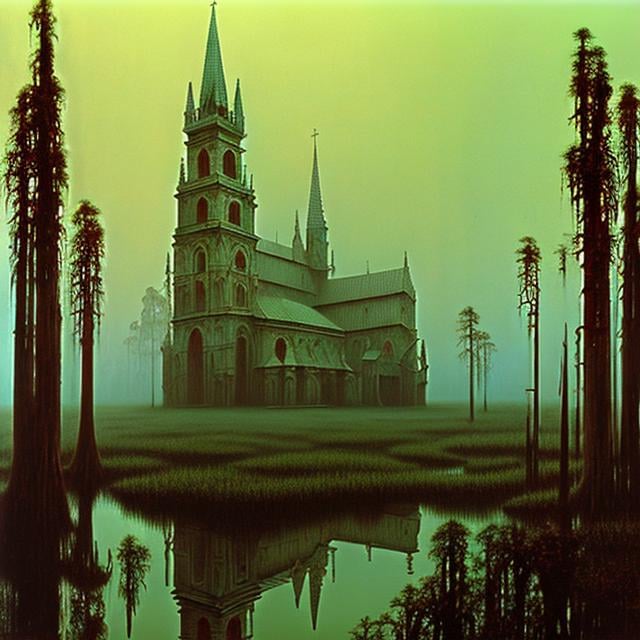 zdzislaw beksinski cathedral in swamp made of cypres...