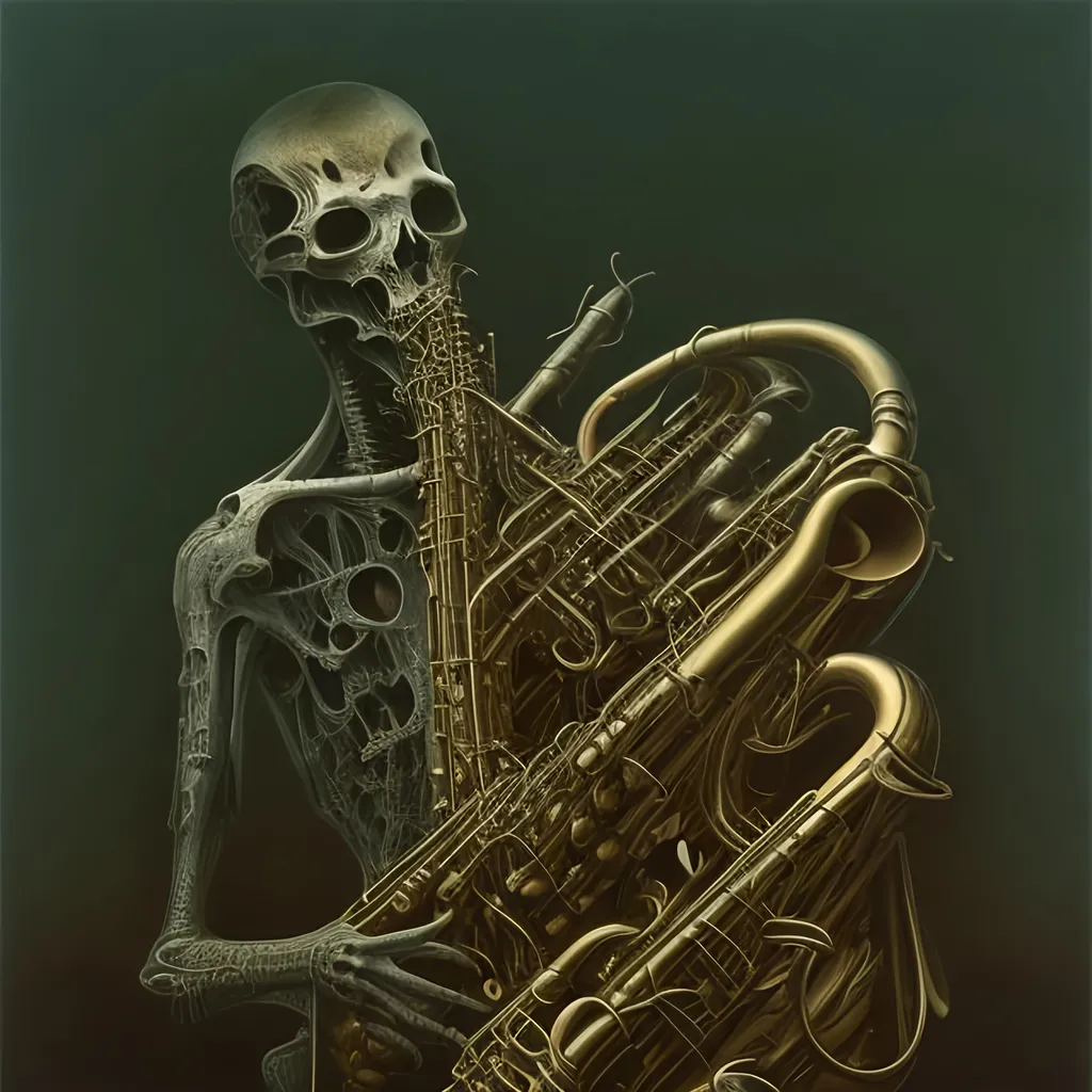 Prompt: beksinski style death playing broken saxophone