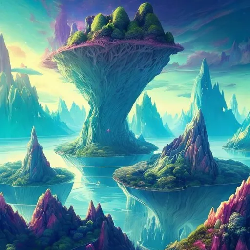Prompt: Imagine a landscape where gravity is subjective, where floating islands defy the laws of physics. In this surreal realm, trees might grow upside down, and rivers flow with liquid light. Envision a sky painted in hues never seen before, with clouds that morph into fantastical creatures. Your task is to describe the vivid details of this surreal landscape, where the very fabric of reality is bent and twisted into a mesmerizing and otherworldly tapestry.