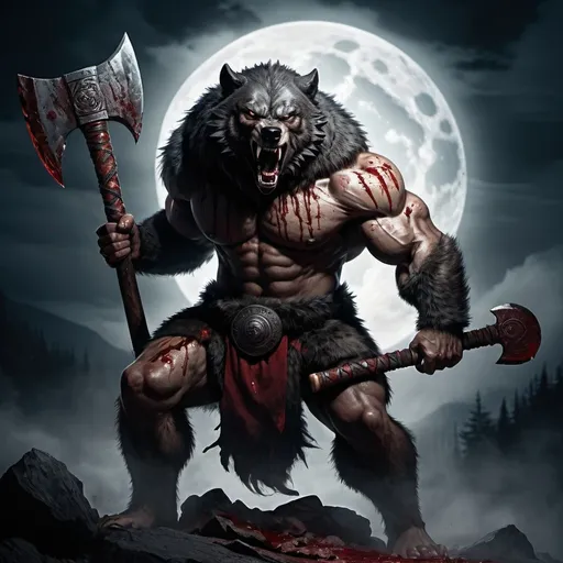 Prompt: (berserker man, fierce expression), (bear or wolf features), blood-stained axe, fierce stance, full moon background, dramatic lighting, intense color contrasts, ominous atmosphere, dynamic shadows, high detail on fur and axe, cinematic depth, (ultra-detailed)