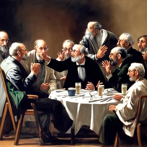 Prompt: A painting of many doctors arguing over the right cure for blindness