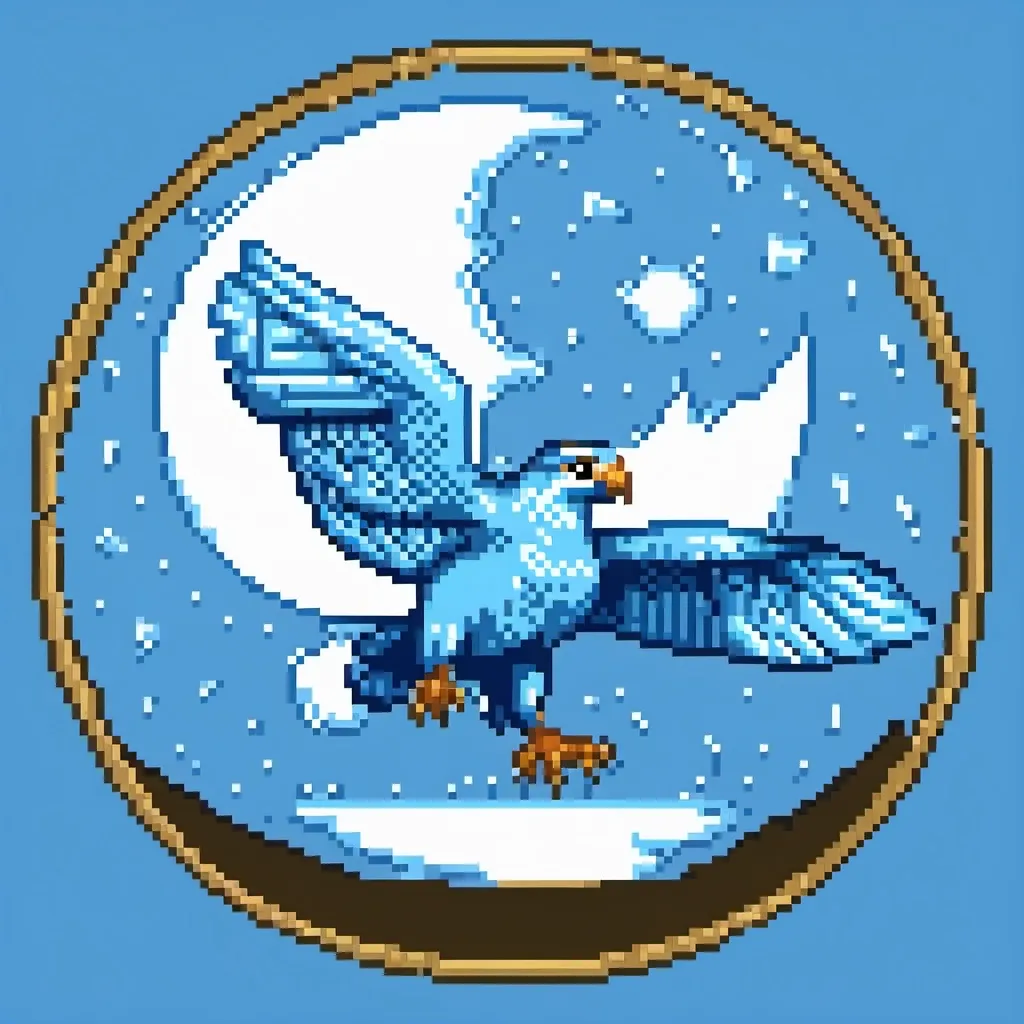 Prompt: A sky-blue falcon soaring against a white moon, on sky-blue
(Bleu celeste, upon a plate a falcon rousant of the field) a house sigil