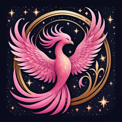 Prompt: Create a pink and feminine Phoenix like figure rising in the starry night sky. add the phrase “hunting for joy” within the artwork.   it will be used as a logo. It should be playful yet powerful