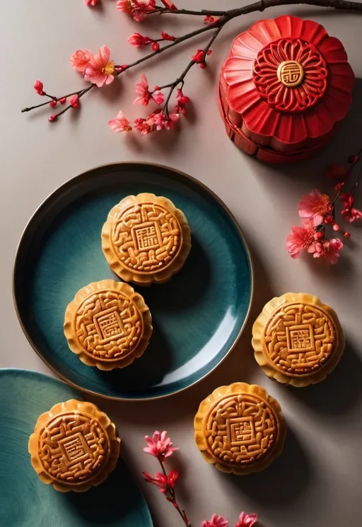 Prompt: "Create a high-resolution photograph of traditional mooncakes arranged on an elegant background. The background should be softly lit and feature elements that evoke a festive and cultural atmosphere, such as silk fabric, traditional Chinese patterns, lanterns, or autumn leaves. The mooncakes should be the focal point, showcasing their intricate designs and textures. The overall mood should be warm and inviting, celebrating the Mid-Autumn Festival."