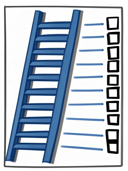 Prompt: a blue ladder with a check mark on it and a check mark on the bottom of it, and a check mark on the bottom of the ladder, Andries Stock, academic art, epic scale, a wireframe diagram