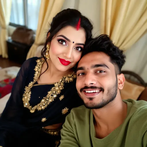 Prompt: In a cozy indoor setting, two individuals take a selfie with playful expressions, exuding a warm and inviting atmosphere. The woman, wearing a beautifully draped navy blue saree adorned with intricate golden embellishments, enhances her look with bold red lipstick and a striking forehead bindi, radiating confidence and elegance. Beside her, the man is casually dressed in a soft green pullover, showcasing a relaxed demeanor as they lean into the frame together. The background features softly draped curtains that add a touch of intimacy, while natural light highlights the glow on their faces, suggesting a moment of shared joy. This image captures a vibrant connection, hinting at a celebration or special occasion that brings them together.