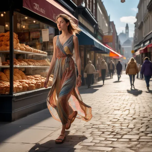 Prompt: Tall young woman walking down the high street, detailed clothing, realistic, natural lighting