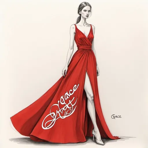 Prompt: Drawing by a fashion designer of a long red dress with the word grace written on the skirt of the dress