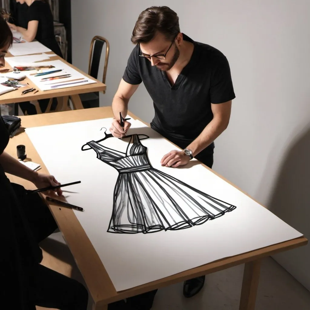 Prompt: Male designer at a designer table drawing a dress.