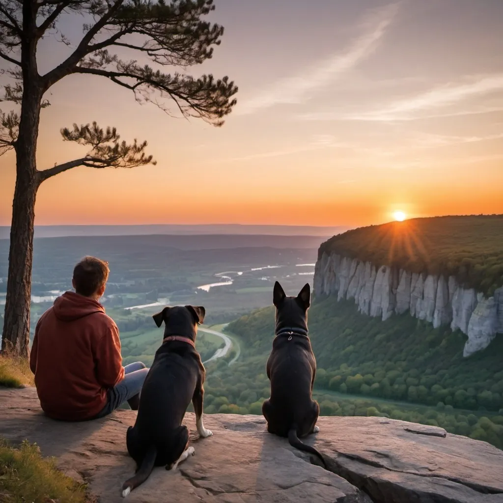 Prompt: A dog and his owner sitting on a cliff looking at the beautiful sunset. Tress of to the side of the picture. The veiwer is behind the to friends.