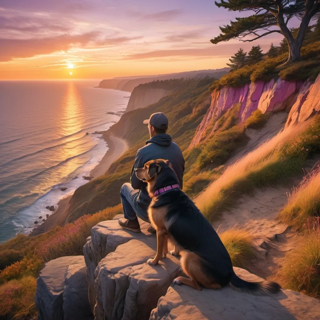 Prompt: A dog and his owner sitting on a cliff looking at the beautiful sunset. Tress of to the side of the picture. The veiwer is behind the to friends.