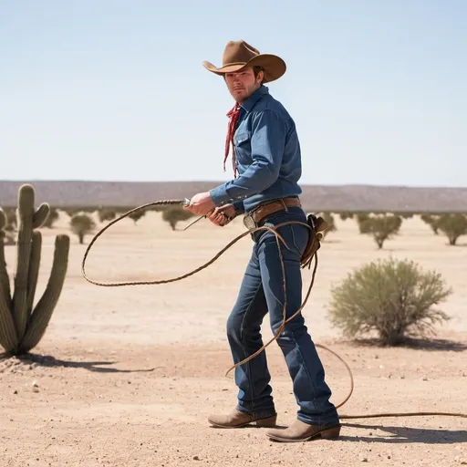 Prompt: A cow boy is cracking his whip in the middle of the desert in texas.