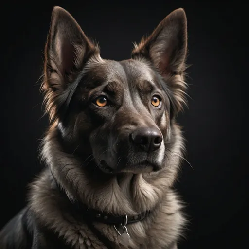 Prompt: photorealistic, dark color scheme, ultra-detailed fur, expressive eyes, studio lighting, high depth cinematic look, realistic shadows, muted colors, combination of deep blacks, dark browns, and grayscale tones, moody atmosphere, high resolution, 4K, shallow depth of field, sharp focus on the dog, blurred dark background with subtle textures