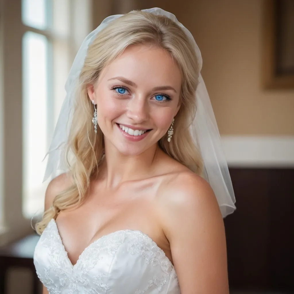 Prompt: A beautiful woman with blue eyes, blond hair, and a wonderful smile in a beautiful wedding white dress. She is looking at me and is in love.