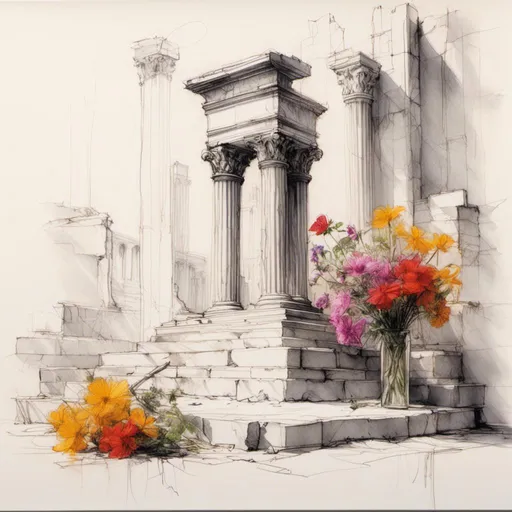 Prompt: <mymodel> pencil-sketch of a ruin of a Roman temple
There is a long and thin glass serum bottle with silver pump standing on a marble block with colorful flowers around, in a white studio setting, Product shooting, outdoor advertising style, strong light and shadow, closeup view, color levels, hyperfine detail, shot by Hasselblad, realism, depth of field, high quality --v 5.2