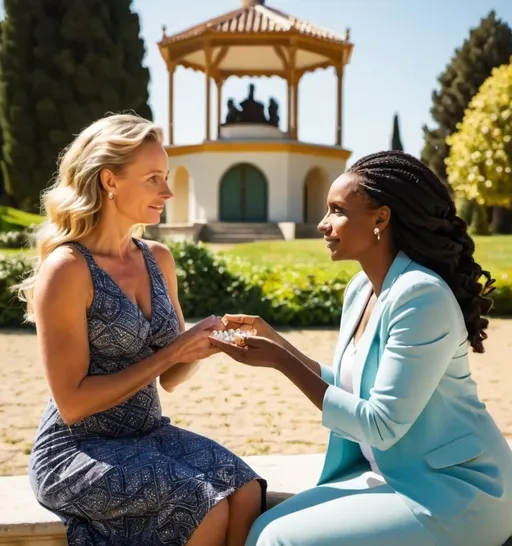 Prompt: two people facing each other. One is a blond woman in ordinary clothing and longish hair, showing a pearl held in her hand to a black women with medium length wavy hair who is awed. Both on a park bench under greek classic pagoda. Sunny day. El Capricho Park. medium shot. front view. sitting side by side.