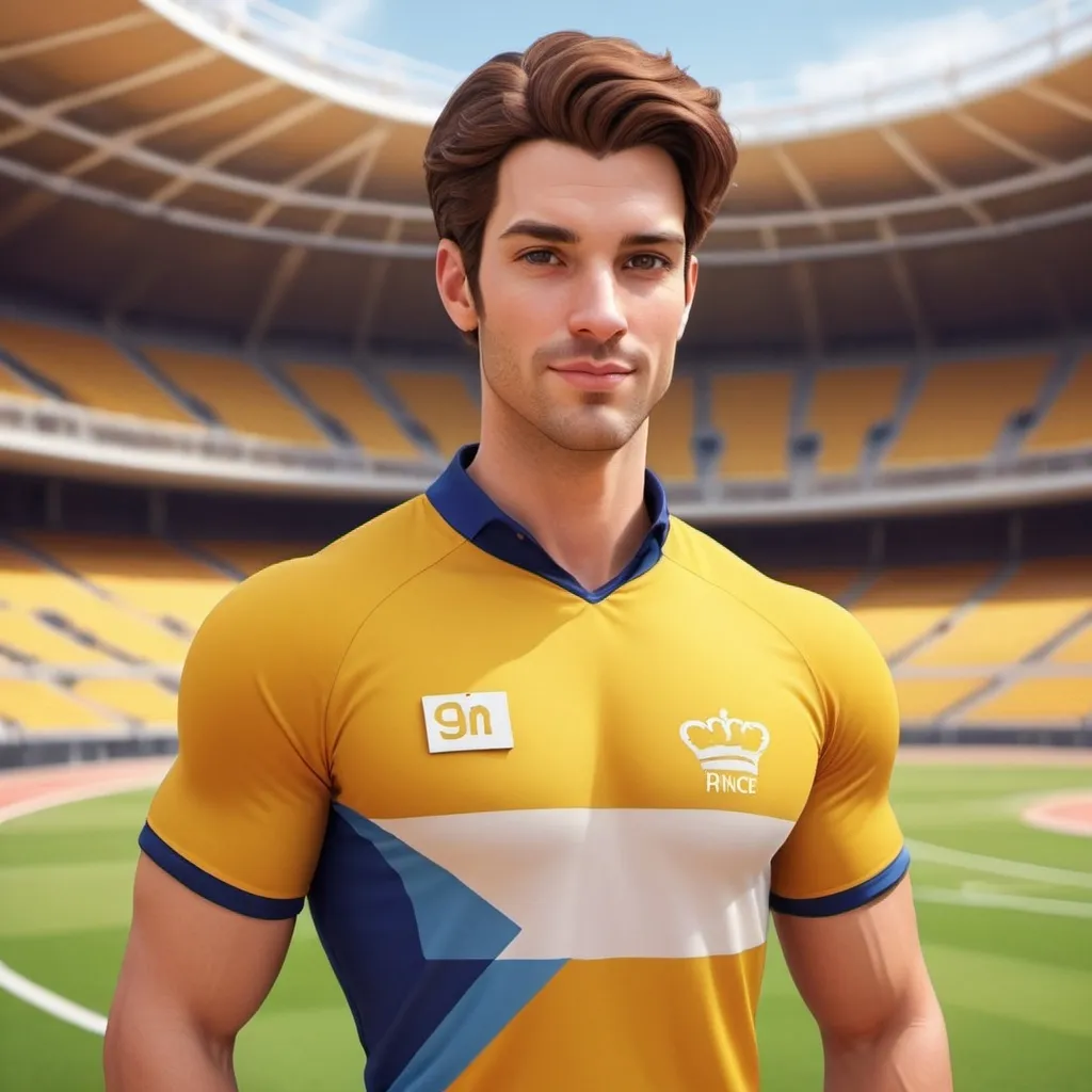 Prompt: Create a 3D-rendered cartoon-style avatar of a handsome athlete with brown hair, styled in a princely manner. He should be wearing a yellow jersey with a visible nametag on his chest. The nametag should have the name ‘Prince’ written on it. The background should resemble an Olympic Games setting, with elements such as a stadium or sports-themed visuals.